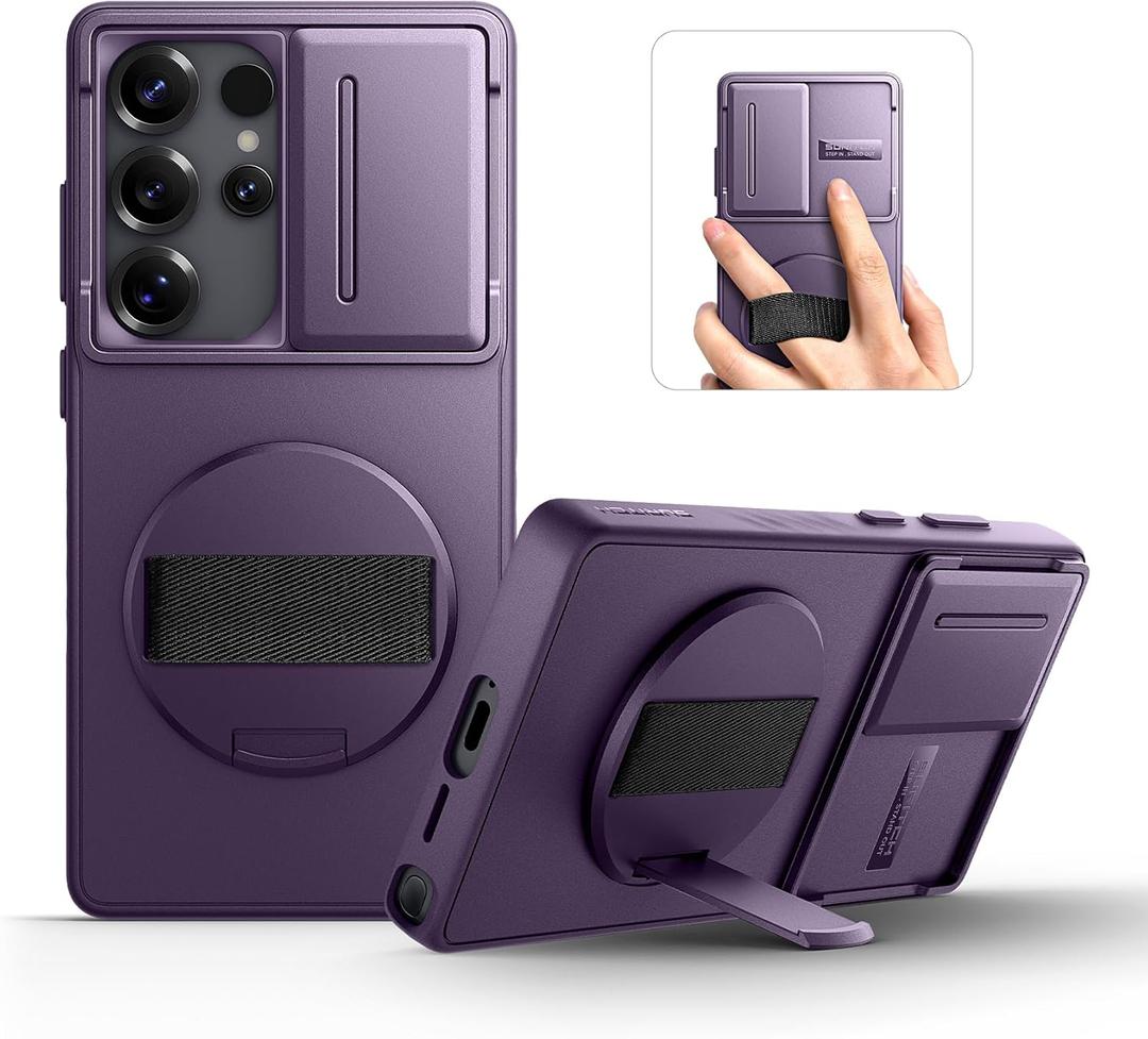 SURITCH for Samsung Galaxy S25 Ultra Case with 360 Rotatable Hand Strap Phone Grip & Invisible Kickstand & Slide Camera Cover, Rugged Shockproof Protective Cover for S25 Ultra -Dark Purple