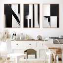 Large Framed Wood grain color Neutral Abstract Wall Art for Living Room, 3 Piece Boho Canvas Prints Paintings Artwork for Walls, Minimalist black white pictures for Hallway Office Wall Decor 24x32 In
