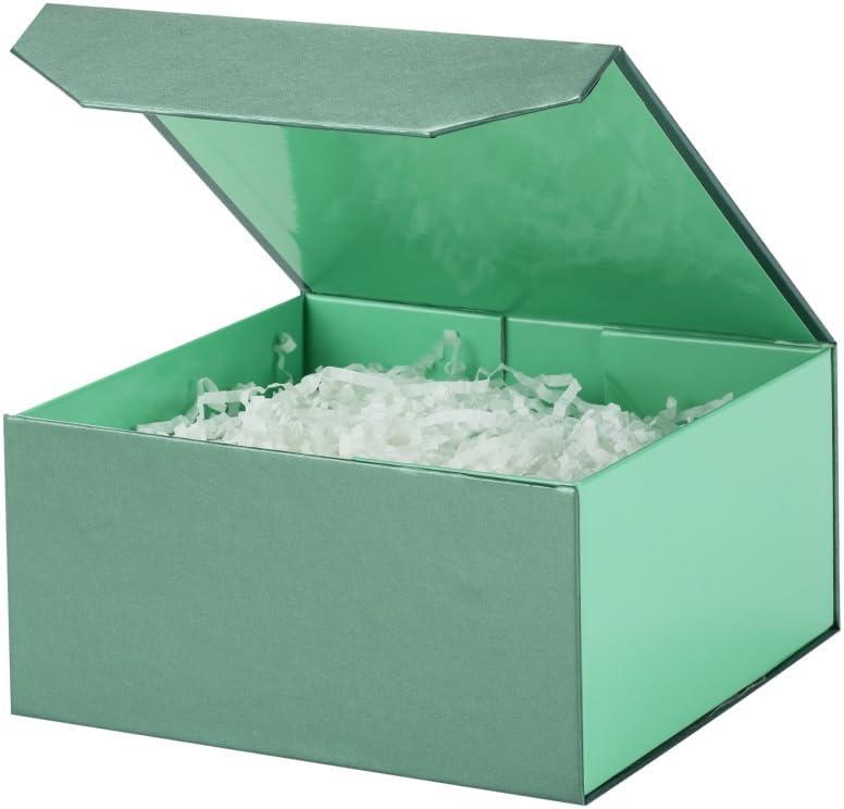 PACKGILO 6 Pcs Small Green Gift Box 6x6x3 Inch Magnetic Gift Box Small Magnetic Box with Crinkle Paper Green Small Gift Box with Shredded Paper Luxury Gift Boxes with Lids for Presents