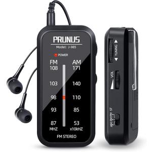 Pocket Radio Mini AM FM Stereo Radio Portable Battery Operated Radio, Includes Headphones, with Back Clip and Signal Indicator, Operated by AAA Batteries for Emergency,Walking,Running,J-985 by PRUNUS (Black)
