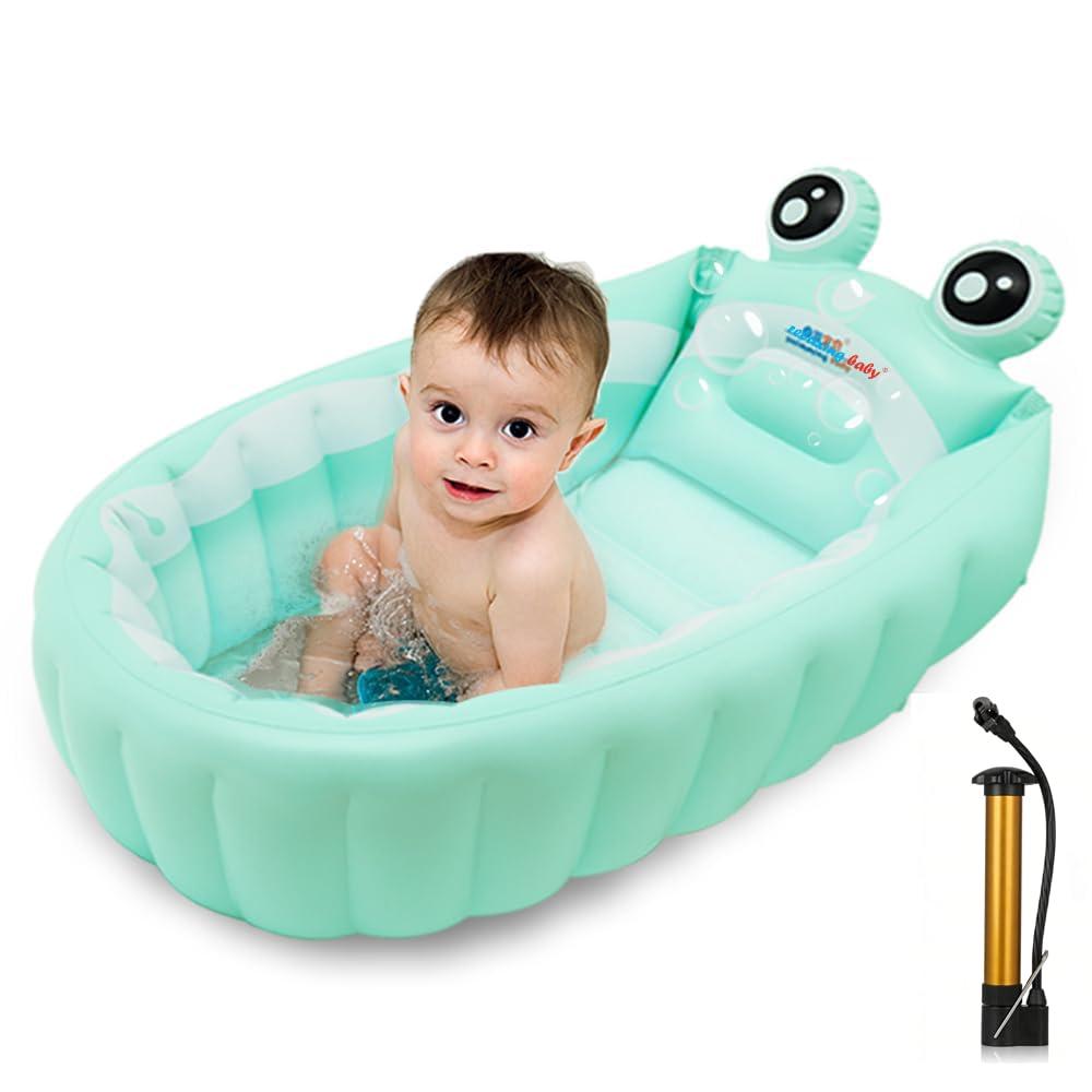 Inflatable Baby Bathtub,Newborn to Toddler Bath Tub with Built-in Air Pump,Portable Travel Shower Basin with Back Support,Foldable Toddler Tub Shower for Kids 0-6 Months(Frog) (Green)