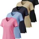 Real Essentials 5 Pack: Women's Short Sleeve Split Hem V-Neck T-Shirts, Athletic Tops, Gym, Workout, Yoga, Activewear (Plus) (3X)