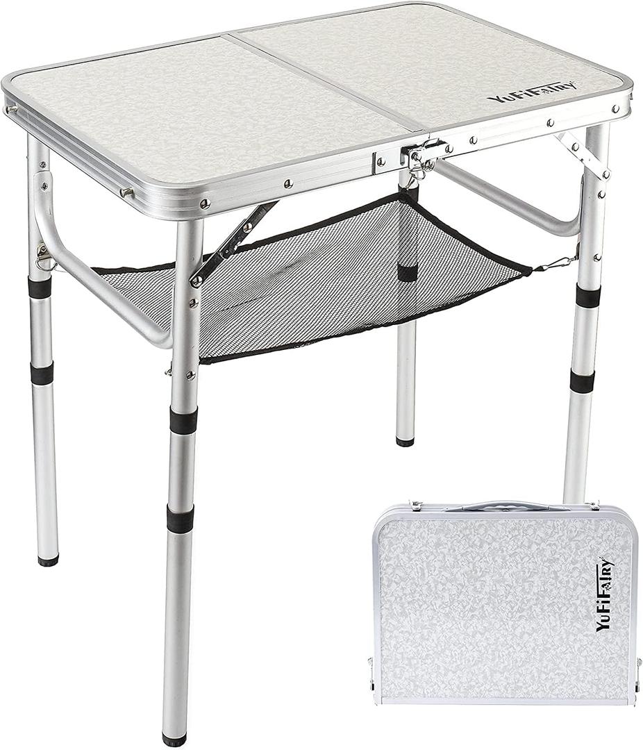 YUFIFAIRY Small Folding Table 2 Foot, Portable Camping Table with Mesh Holders,Lightweight Aluminum Adjustable Height, with Carry Handle for Camping Picnic Indoor Outdoor, 24 x 16 inch (3 Heights (Silver)