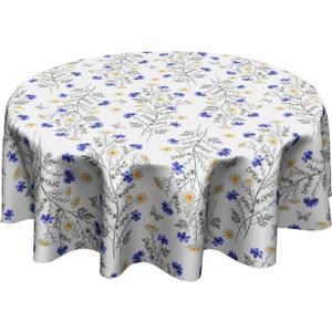 Daisy Tablecloth Round - Spring Summer Floral Table Cover 60 Inch for Kitchen Holiday Picnic Party Dinner Room Outdoor Decor Daisies Flowers Blue White