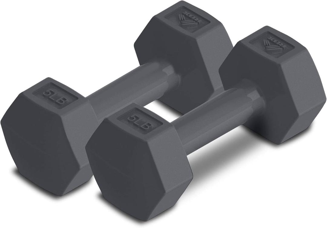 RBX Vinyl Coated Hand Weight Dumbbell Set - Hex Shaped, Roll Free for Body Building/Sculpting/Strength Training Exercise, (Set of 2) (5lb, Grey)