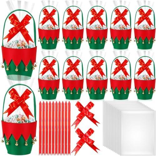 Hahafelt 12 Pcs Christmas Felt Buckets for Gift, Small Christmas Basket Empty with Handle Pull Bow Candy Bag, 3.1 x 4.7 Inch Pails Treats Storage Decorations for Xmas Party Supplies Gift Packaging
