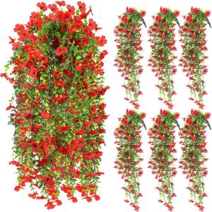 6 Pcs Artificial Fall Hanging Flowers Outdoor Silk Mum Plants Autumn Decor Faux Violet with Eucalyptus Realistic UV Resistant Trailing Vine Thanksgiving Porch Yard(Red,Violet)