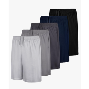 QWE 5-Pack Boys Athletic Shorts with Pockets, Dry-Fit Basketball Soccer Boys Shorts for Youth & Kids Outdoor, Color: Black x2, Dark Gray, Navy Blue, Pale Gray, Size:L