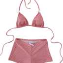 GORGLITTER Women's Boyshort Bikini Set with Shorts 2026 Gingham Triangle Halter String Swimsuits Cheeky Sexy Bathing Suit (Medium, Red and White)