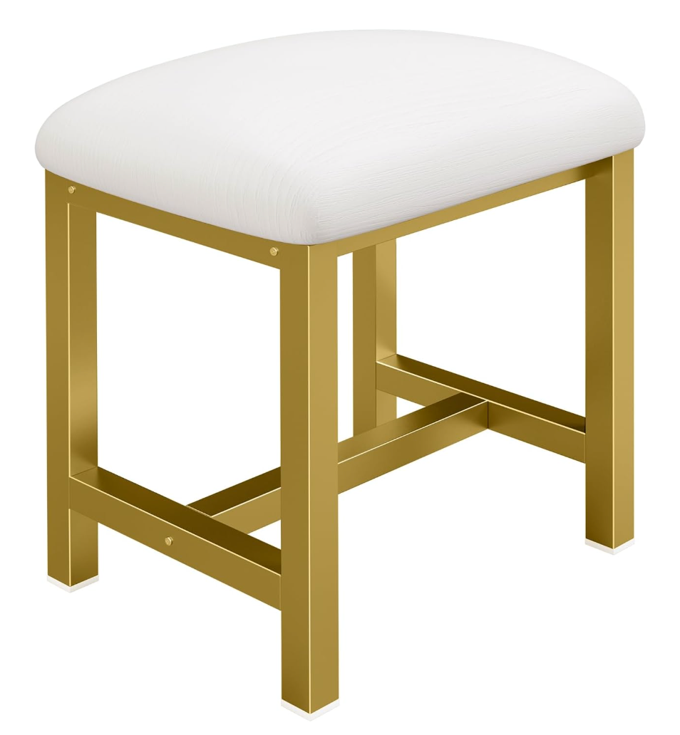 Small Vanity Stool, Cute Vanity Stools with Cushion, White Gold Makeup Vanity Chair for Small Spaces, Living Room, Bedroom, Bathroom, Entryway, Ottoman Foot Rest for Couch Sillas Modern