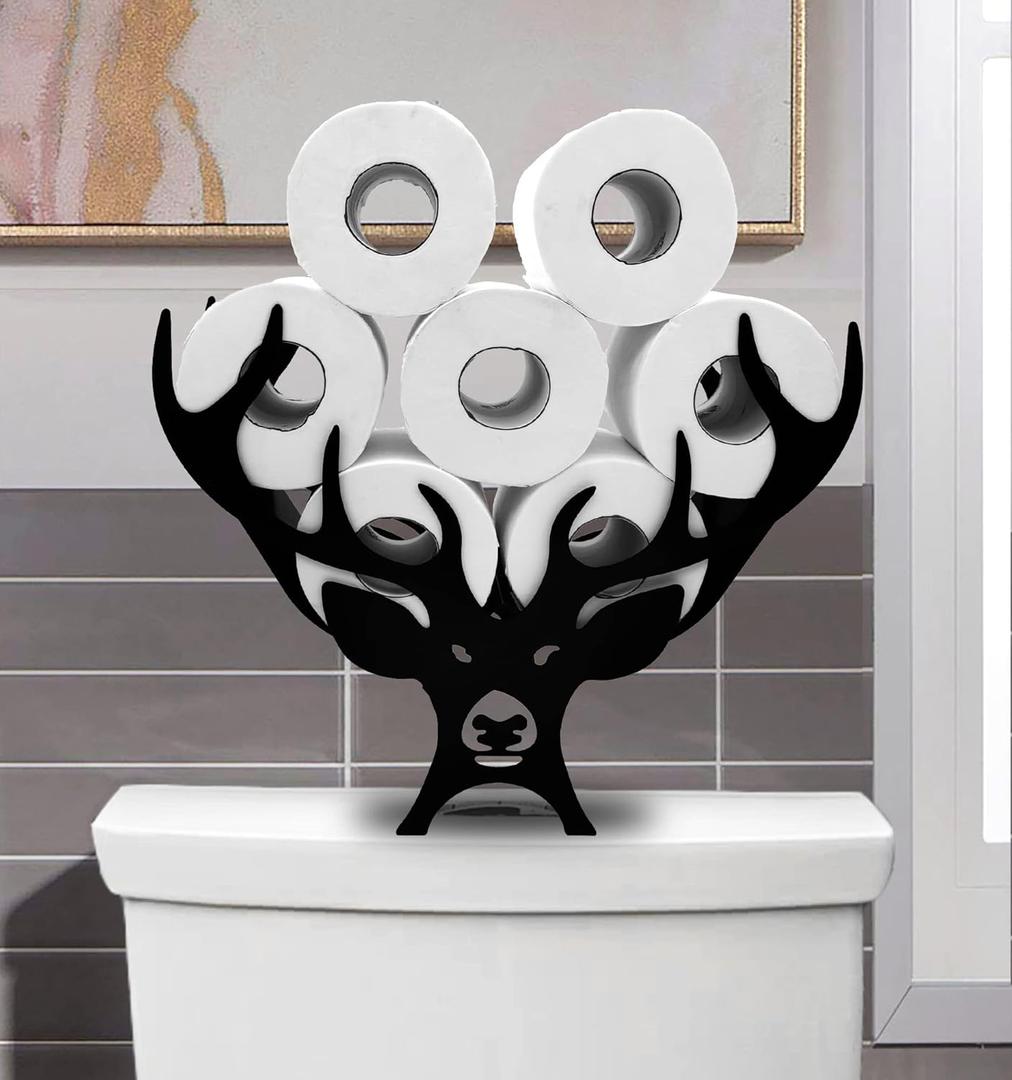 Black Antler Metal Toilet Tissue Holder - Animal Paper Holder, Decorative FreeStanding Metal Toilet Paper Organizer for Bathrooms - Holds Extra 8 Rolls