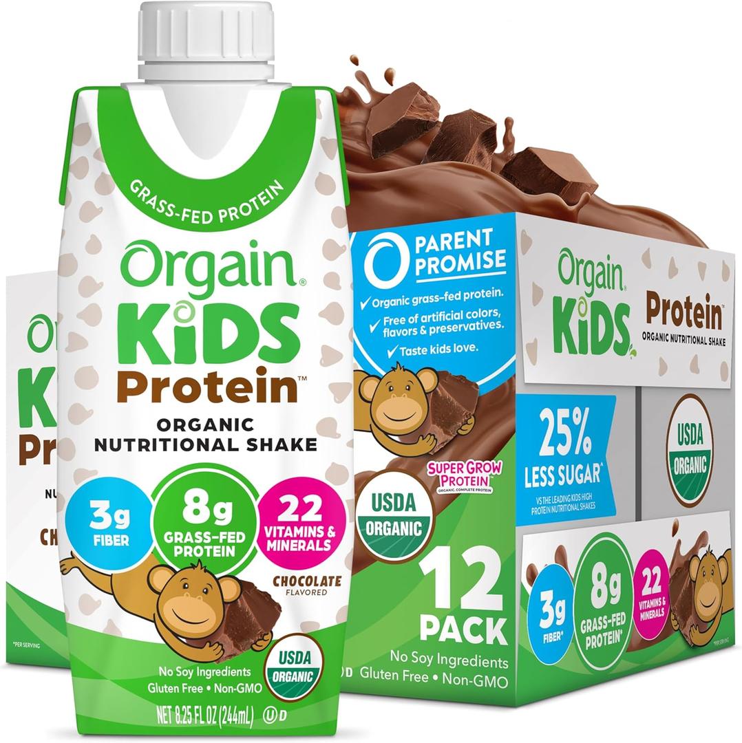 Orgain Organic Kids Protein Nutritional Shake, Chocolate - 8g of Protein, 22 Vitamins & Minerals, Fruits & Vegetables, Gluten Free, Soy Free, Non-GMO, 8.25 Fl Oz (Pack of 12), Best By 03, 2026