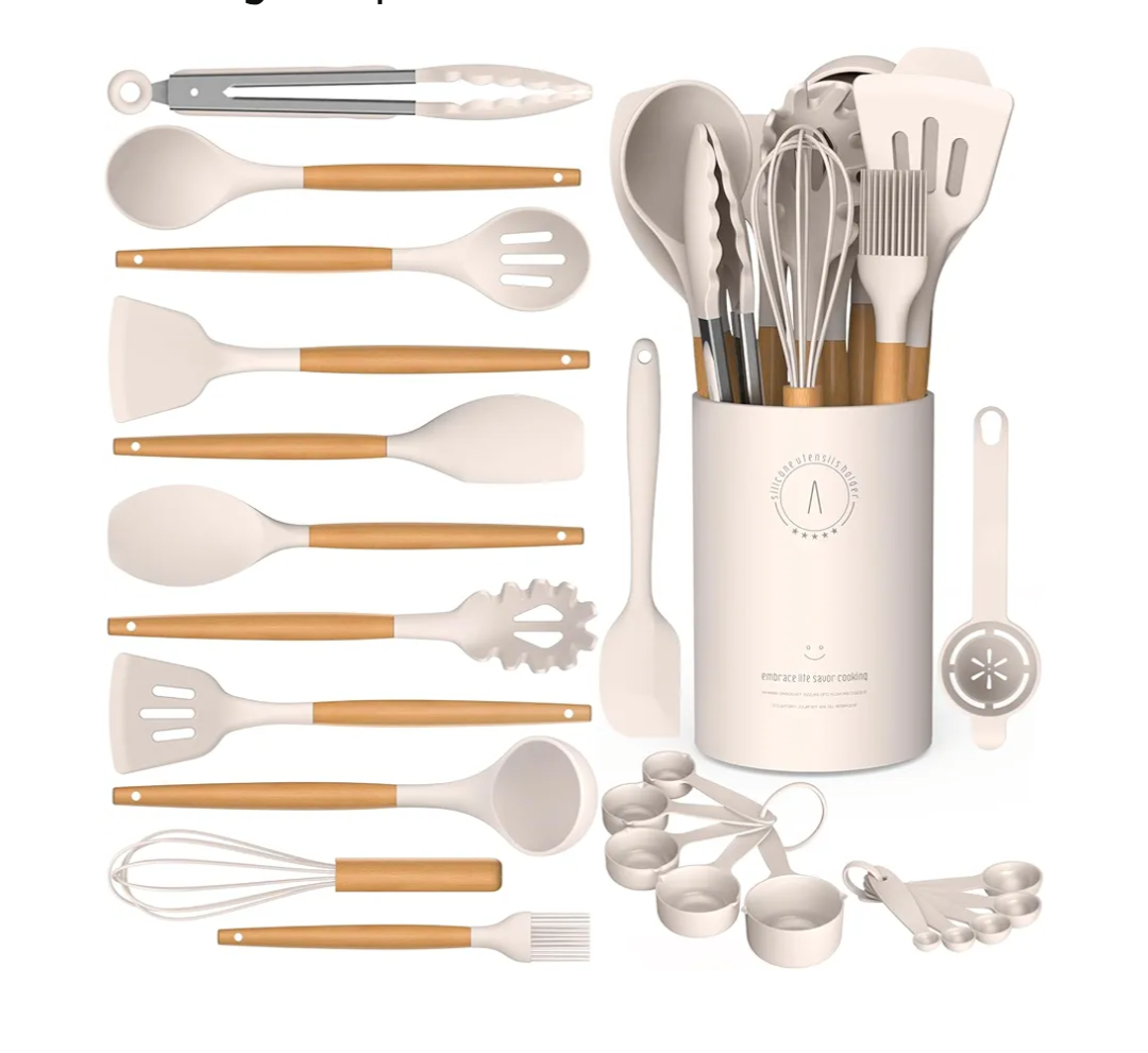 Silicone Cooking Utensils Set - AVGPD Silicone Kitchen Utensils for Cooking Wooden Handles, 446°F Heat Resistant Kitchen Utensil Spatula Sets w Holder, Gadgets for Non-Stick Cookware BPA FREE (Khaki)