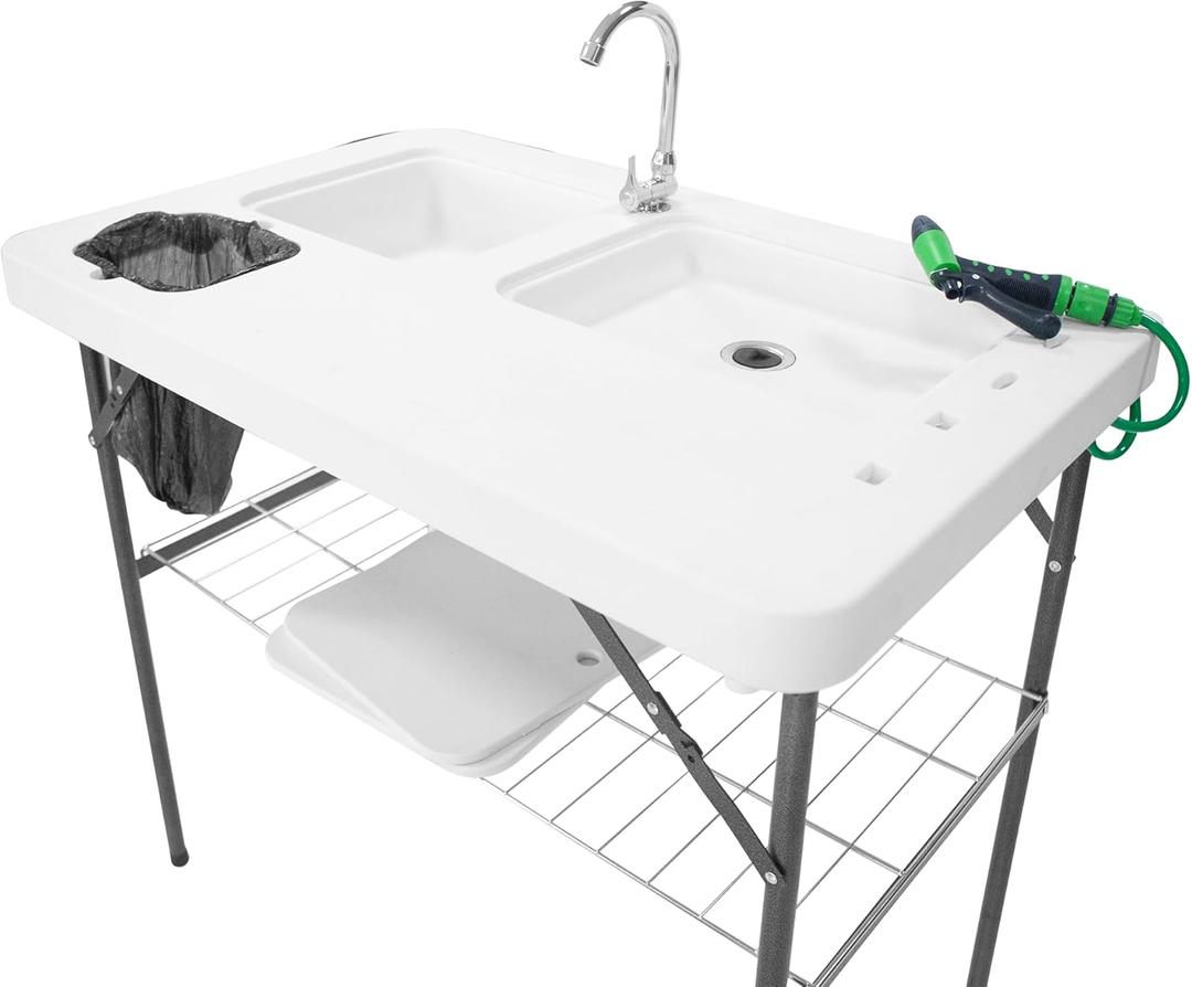 THUNDERBAY Portable Folding Fish Game Cleaning Camp Table Heavy Duty 40''Fillet Table with Double Sink and Faucet