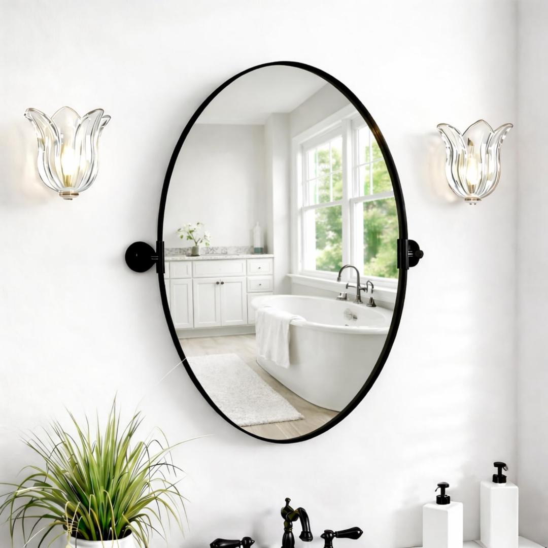 Pivot Oval Mirror 18x28 Inch Black Metal Tilting Wall Mirrors for Bathroom Vanity Living Room | Adjustable Frame & Shatter-Resistant Glass