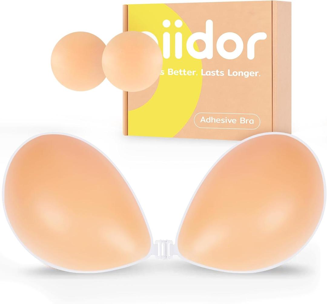 Niidor Adhesive Bra Strapless Ultra Sticky Invisible Push up Silicone Bra Multiple Colors Sizes Reusable for Backless Dress (Creme)