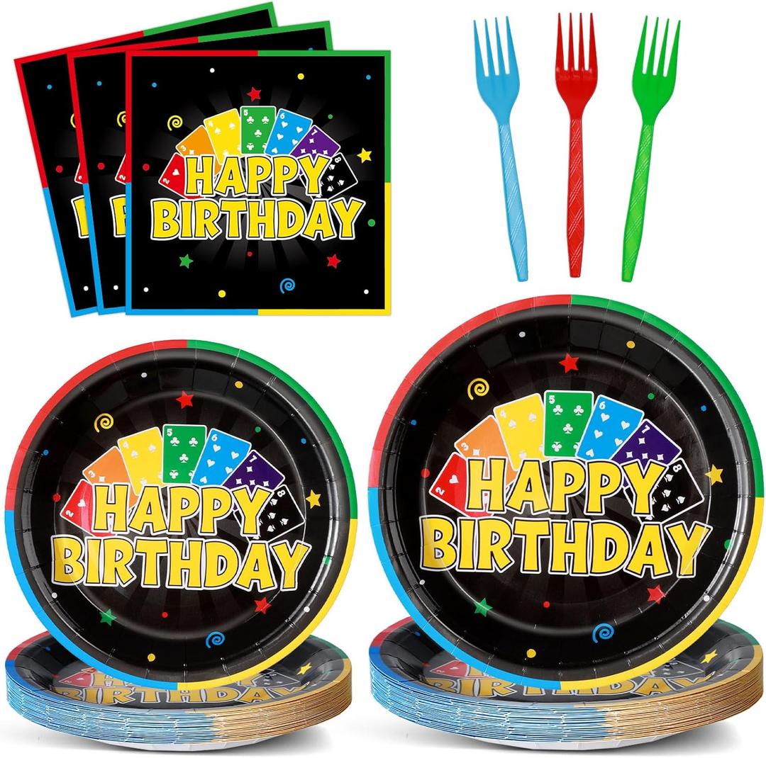 96Pcs Card Themed Birthday Party Plates and Napkins Card Game Decor Colorful Gaming Night Paper Disposable Dessert Cake Plates Gaming Themed Tableware Set for Adults Baby Shower Sleepover 24 Guests