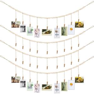 Wall Hanging Photo Display with Wooden Beads Garland 4 Feet Boho Collage Picture Frame DIY Picture Photo Frame Set with 9 Wood Clips for Rustic Country Home, Office Nursery Room Decoration(4 Pieces)