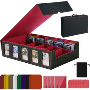 Red Trading Card Storage Box with Handle,5-Row Portable Game Case for 4000+ Cards, Leather Card Collection Case with Commander Display Window for MTG, Yugioh, and Sports Cards,Gifts for Card Collector