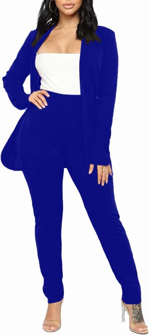 Aro Lora Women's 2 Piece Outfit Casual Solid Open Front Blazer and Pencil Pant Suits Set (Blue, L)
