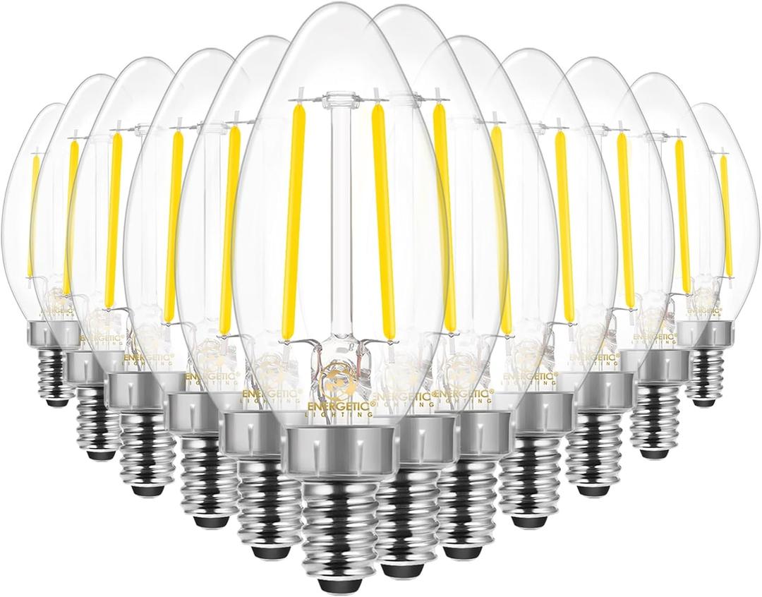 Energetic Dimmable E12 LED Candelabra Bulb,60 Watt Equivalent B11 LED Chandelier Bulbs, Cool White 4000K, 550LM, 5 Watt Halloween Christmas Decoration Filament Candle,ETL Listed, 12 Pack 