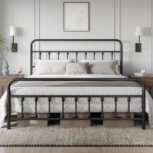 Yaheetech Classic Metal Platform Bed Frame Mattress Foundation with Victorian Style Iron-Art Headboard/Footboard/Under Bed Storage/No Box Spring Needed/California King Size Black