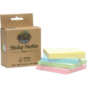 Earth Hugger Sticky Notes 3"x 3", 4 Pack, Pastel Assorted 400/sheets