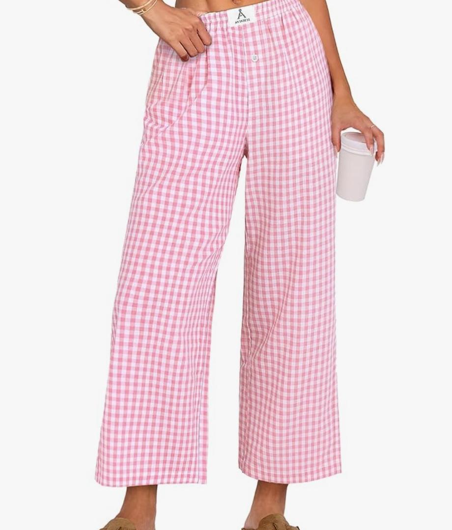 ANRABESS Women Striped Gingham Palazzo Cropped Pants Wide Leg Pajama Lounge Pants Plaid PJ Bottoms Cute Trousers with Pockets, XL, Pink White Plaid