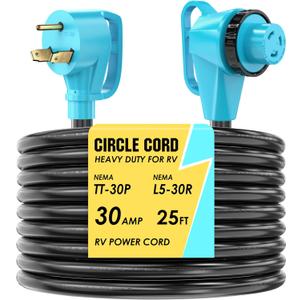 CircleCord 30 Amp 25 Feet RV Power Cord with 90 Right Angle Twist Locking, Heavy Duty 10 Gauge STW Pure Copper Wire with Grip Handle, TT-30P to L5-30R with Cord Organizer for RV Trailer Campers