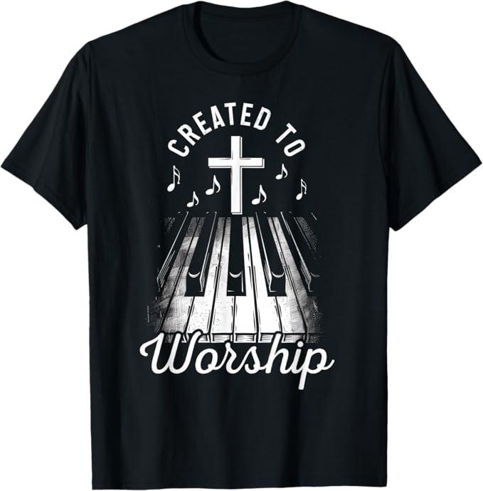 Christian Piano Player Co. Piano Christian Faith Cross Worship Jesus Organ Pianist TShirt. Size M, Men, Black
