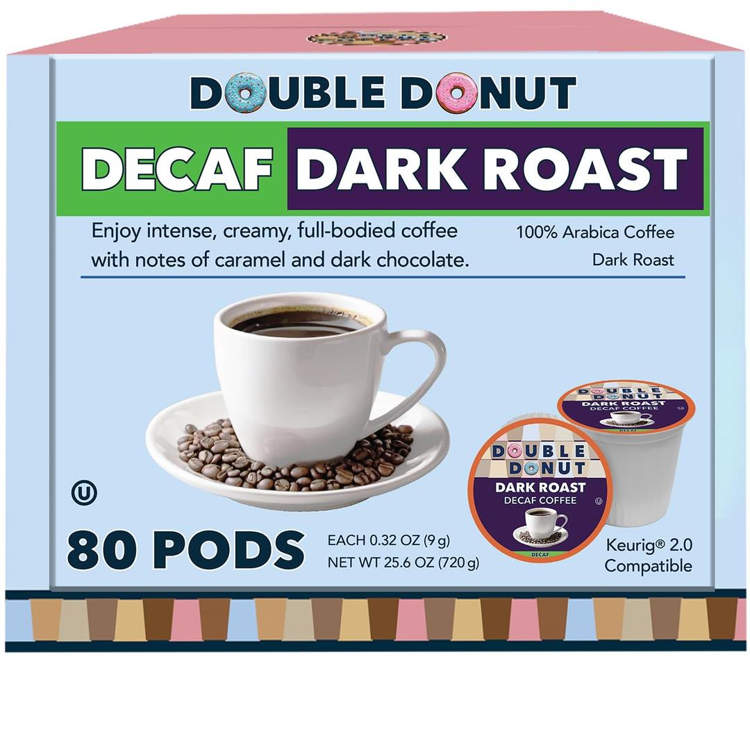 Double Donut Coffee Decaf Dark Roast Coffee Pods, Extra Bold Blend Coffee, Single Serve Coffee For Keurig K Cups Machines, Decaf Dark Roast Coffee in Recyclable Pods, 80 Count (EXP 06/03/27)