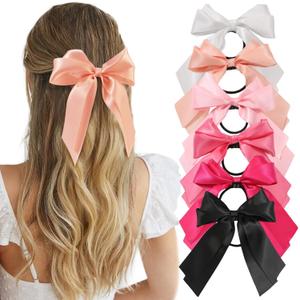 Yougeigy 6PCS Bow Hair Ties, Satin Hair Ribbon, Ribbon Hair Bows for Women Girls, Elastics Hair Scrunchies for Thick Thin Hair, Pink Bows Hair Accessories