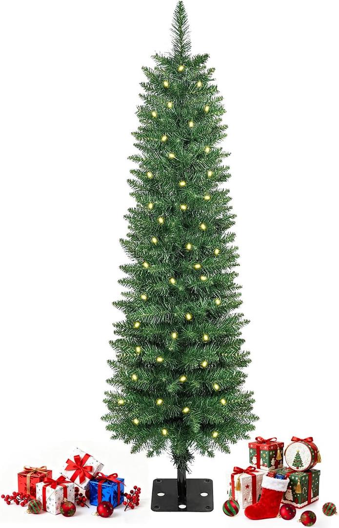 QBA 4FT Prelit Pencil Christmas Tree, Skinny Artificial Christmas Tree with 200 Warm White Lights, 190 PVC Branches Tips, Sturdy Metal Stand, for Home Office Party Decoration, Green (7in)
