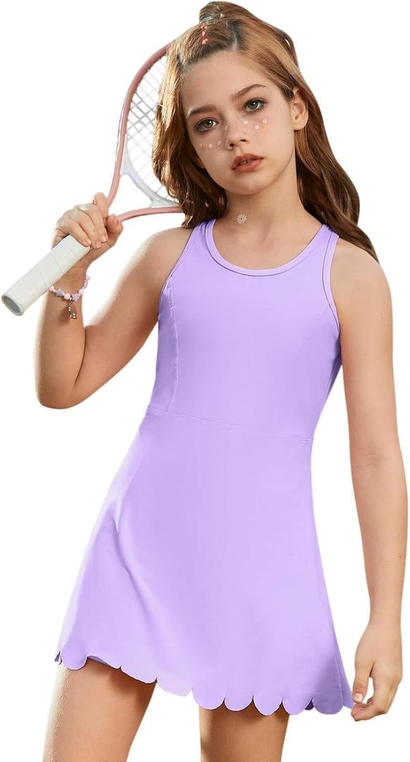 Girls Tennis Dress Sleeveless Pickleball Athletic Dress Golf Outfit with Detachable Built-in Bra & Shorts Pockets, 10-11Y Purple