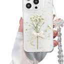 for iPhone 15 Pro Max - White Flower Bow Case - Real Flower Gold Foil Transparent Case - Soft TPU Case for Women and Girls 6.7