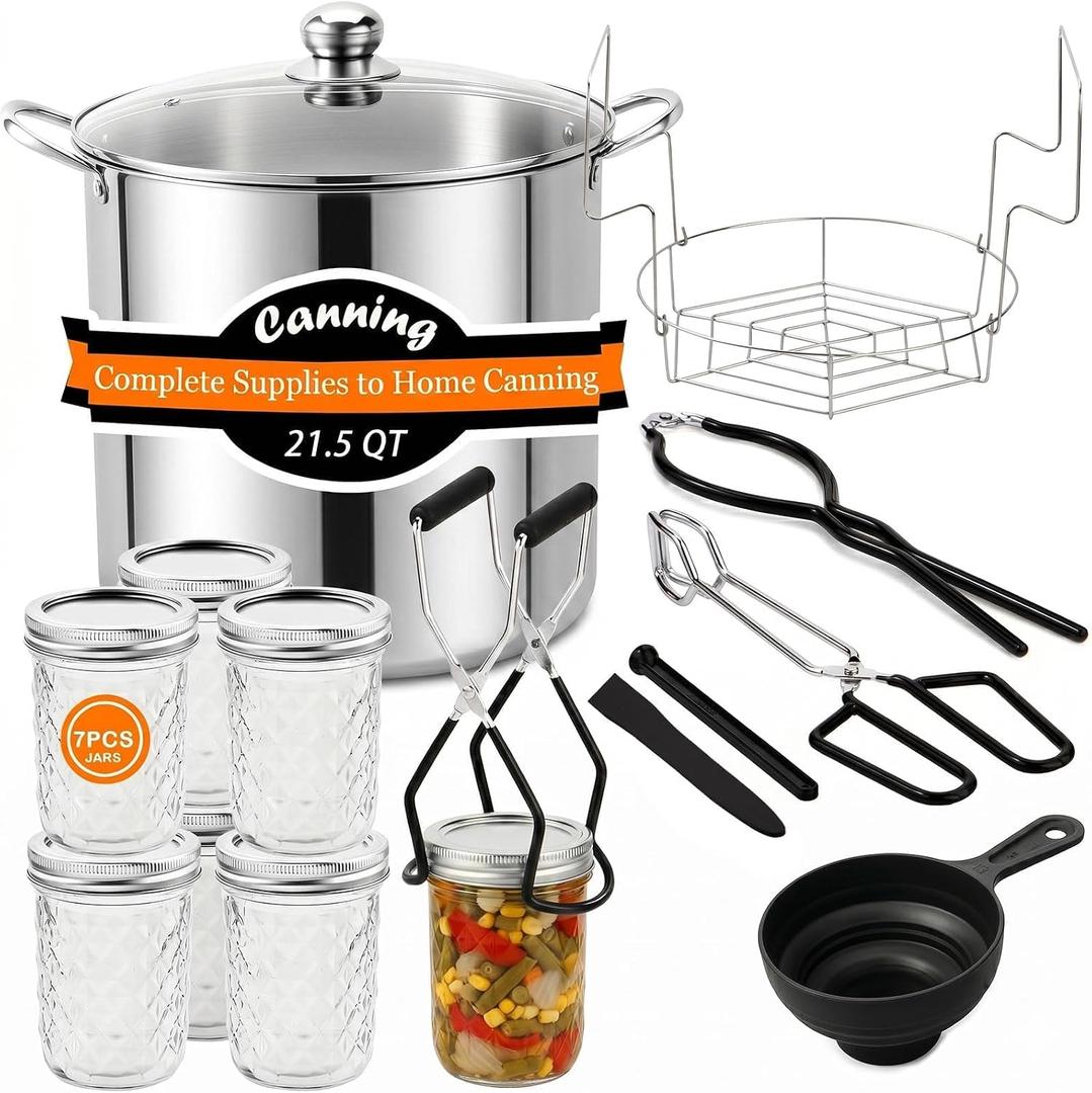 Canning Supplies Kits with 21.5 Qt Canning Pot, 7pcs Mason Jars, Tongs, Stainless Steel Jar Rack, Funnel, Lid Lifter Water Bath Canner Tool Set, Large