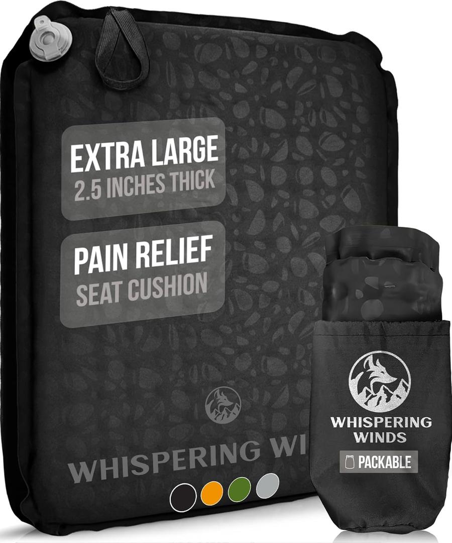 Whispering Winds Inflatable Seat Cushion - Comfortable Blow-up Foam Pad for Airplane, Travel, Stadium, Outdoors, Camping, Car & More (X-Large, Black -1 Pack) Whispering Winds Inflatable Seat Cushion - Comfortable Blow-up Foam Pad for Airplane, Travel, Stadium, Outdoors, Camping, Car & More (X-Large, Black -1 Pack)