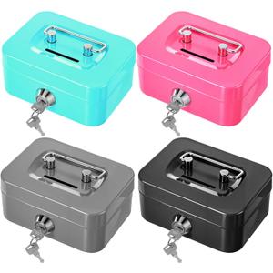 cobee 4 Pcs Small Metal Cash Box with Key Lock, Coin Cash Box Organizers Money Saving Box 4.5 x 3.7 x 2.2in Piggy Bank without Money Tray