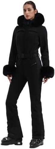 GSOU SNOW Women's Ski Suit One Piece Snowsuit Snowboard Jacket Slim Snow Jumpsuit Faux Fur Ski Outfit Waterproof M