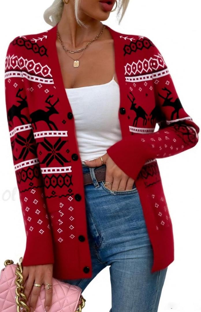 Ugly Christmas Sweater for Women Christmas Cardigans Funny Xmas Open Front Button Down Knit Coat Outwear (Small, Red)