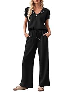 MEROKEETY Women 2 Piece Outfits Sweatsuit Set Half Zip Lapel Collar Short Sleeve Sweatshirt Wide Leg Sweatpant Tracksuit Sets Black L