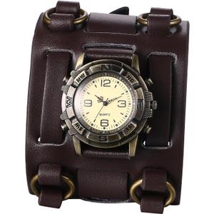 Avaner Vintage Punk Leather Watches: Wide Band Retro Analog Quartz Cuff Watches for Men (Brown Strap Bronze Dial)