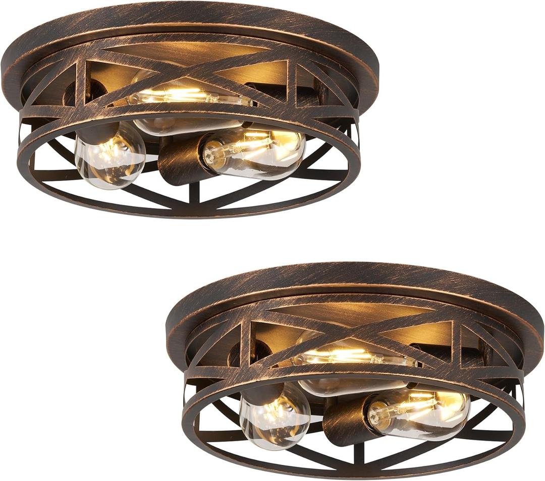 2 Pack Flush Mount Ceiling Light, 3-Light Close to Ceiling Light Fixtures, 13 Inch Farmhouse Cage Style Ceiling Lights for Bedroom, Living Room, Porch Kitchen (Black + Gold)