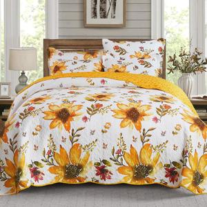 Cmfshape Floral Quilt Sets Bedspread Set,100% Cotton Yellow Sunflower Bedding Set,Reversible Lightweight Soft Bedspread Coverlet for All Season with 2 Pillow Shams(King 106"x96")