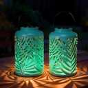Solar Lantern Outdoor Waterproof Lanterns, 2 Pack Metal Leaf Projection Hanging Lanterns Decorative Lantern for Patio Garden Yard Backyard Front Porch (Blue)