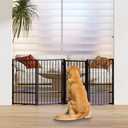 SNUOWU Full Metal Freestanding Dog Gate with Door, 32''Height Foldable Pet Dog Fence for Indoor & Outdoor, 4 Panels Extra Wide Free Standing TallDog Gates for Doorways,House,Stairs,Porch,Deck,Yard