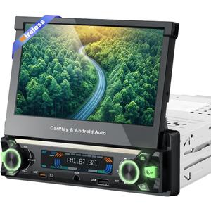 UpgradeY-METDRIVING Single Din Motorized Flip Out Touchscreen Car Radio with Wireless Apple Carplay& Android Auto,7 Inch Type-C Fast Charging Car Stereo with Bluetooth5.1/Backup Camera/AUX/FM/AM/DSP