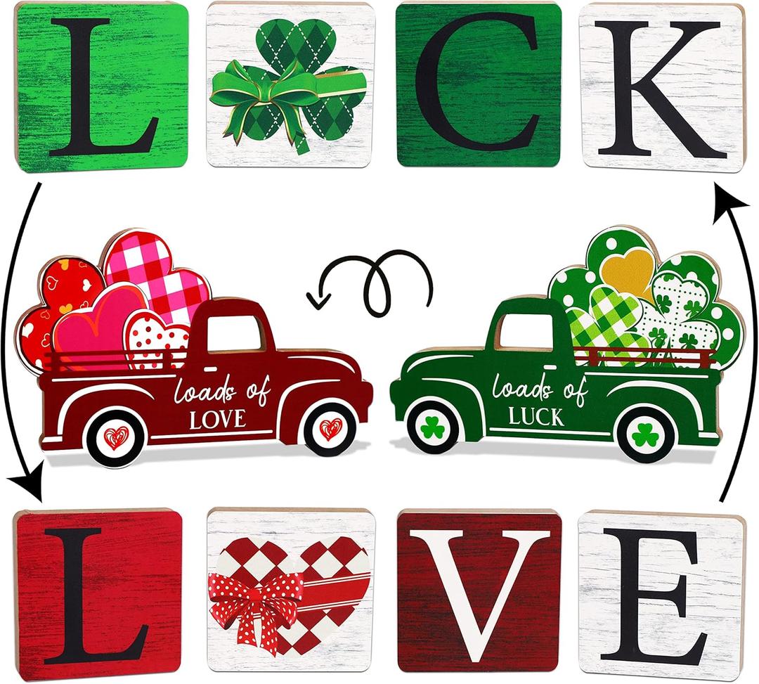 5PCS St.Patricks Day Decorations/Valentines Day Decor Reversible Table Centerpieces Tiered Tray Ornament for Home Party Decor