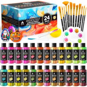 40 Pcs Iridescent Acrylic Paint Set with 12 Brushes, 2 Knives & Palette, 24 Colors (2oz/60ml) - for Adults, Artists & Beginners - Canvas Ceramic Rock Wood Egg Painting Kit