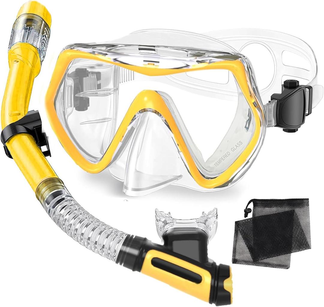 Snorkeling Gear for Adults,Dry-Top Snorkel Mask Set with Carry Bag,180 Panoramic View, Anti-Fog Anti-Leak Tempered Glass Diving Mask,Adjustable Snorkel Kit for Scuba Diving,Swimming,Snorkeling Travel (Yellow)